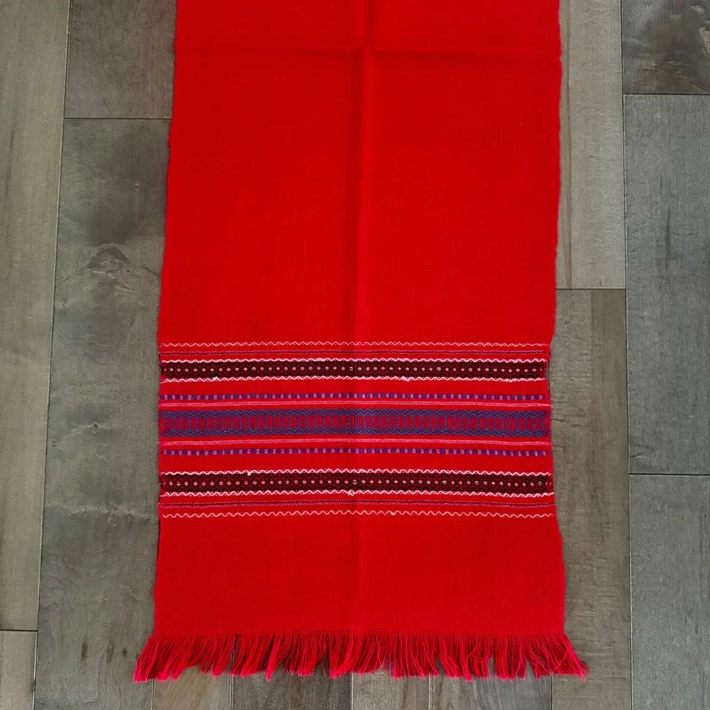 Handwoven Ecuador Red Table Runner with Geometric Folk Border and Fringe Accent